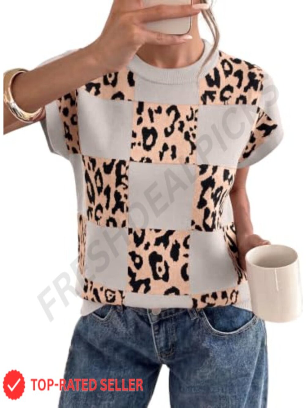 Sweater Vest Leopard Print Short Sleeve Loose Casual Fall Top